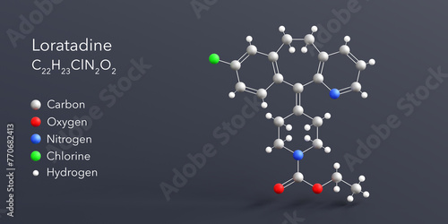 loratadine molecule 3d rendering, flat molecular structure with chemical formula and atoms color coding