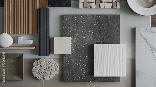 A mood board featuring samples of interior materials, aiding in design visualization