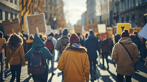 People marching in a climate change protest holding signs demanding action and sustainability.