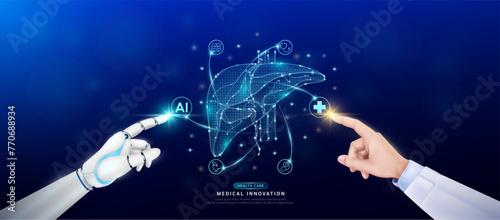 Human liver in atom. Doctor and robot finger touching icon AI cross symbol. Health care too artificial intelligence cyborg or technology innovation science medical futuristic. Banner vector EPS10.