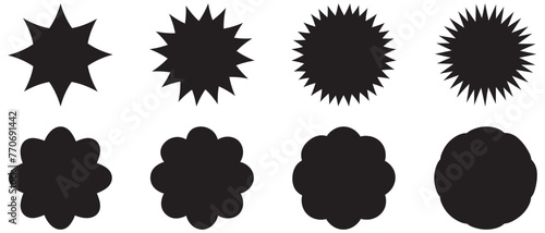 Set of black price sticker, sale or discount sticker, sunburst badges icon. Stars shape with different number of rays. Special offer price tag. Red starburst promotional badge set, shopping labels