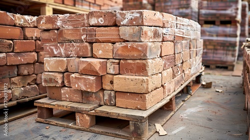 Freshly made red bricks, packaged and palletized, ready for construction use, stored at an outdoor warehouse