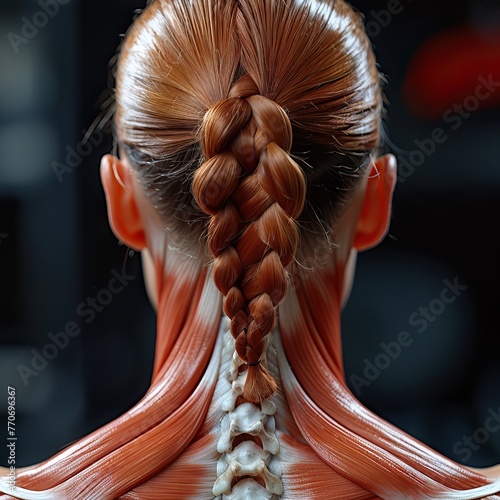 Artistic representation of a woman's musculature from the back, featuring a detailed braid, against a dark background.