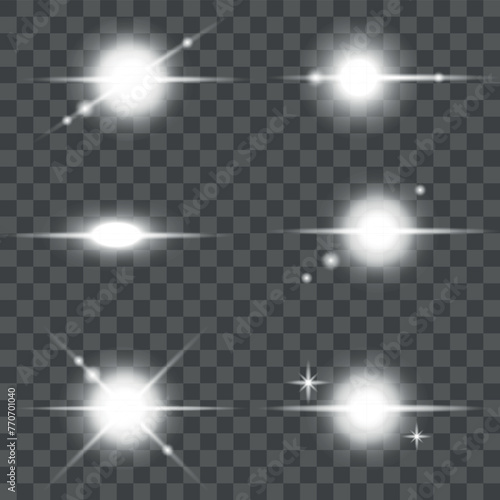 A set of highlights. Glowing effect. White transparent light, glare, effect, rays, sun, sunlight, sun glare. Png on a transparent background, vector