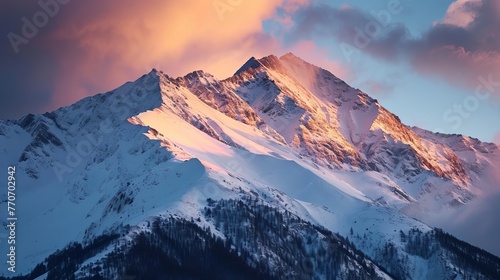 Sunrise Splendor: Light Cascading Over Snowy Peaks and Dense Forests in a Remote Mountain Range