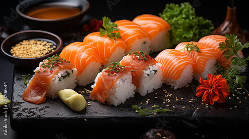 Japanese food is beautifully presented in a Japanese dish including sushi and sashimi garnished with herbs and spices. Professional food photography for restaurants
