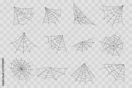 Halloween cobweb, frames and borders, scary elements for decoration. Hand drawn spider web or cobweb. Line art, sketch style spider web elements, spooky, scary image. Vector illustration. 