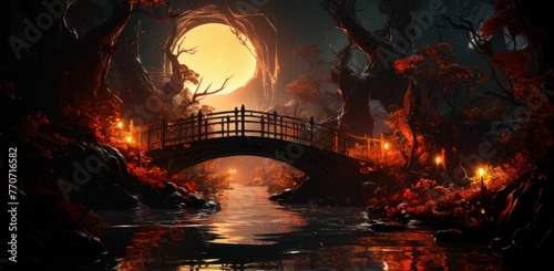AI generated illustration of a night sky over a bridge, with a bright fire burning on the river