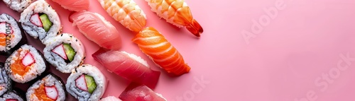 A row of sushi rolls with a pink background free space for text