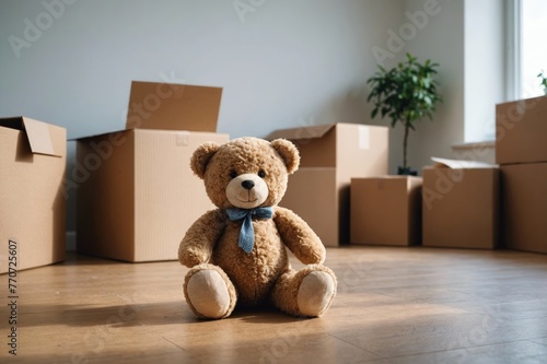 Teddy bear on cardboard box in an empty room in a new home