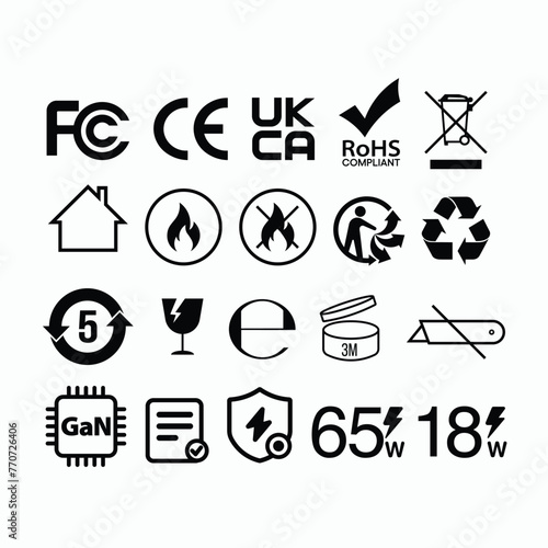 Vector symbols for packaging and labels used on prepacked food, liquid, Cosmetic products, electronic items. E-sign (E-Mark)