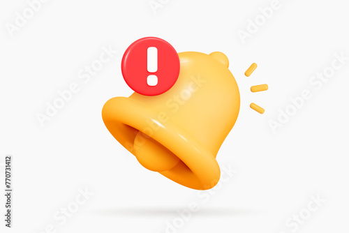 3D Bell with red danger alert notification. New important message. Urgent online call. Attention sign. Social media reminder. Cartoon design icon isolated on white background. 3D Vector illustration