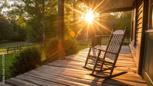 Beautiful Sun Burst Through Rocking Chair on Front Porch