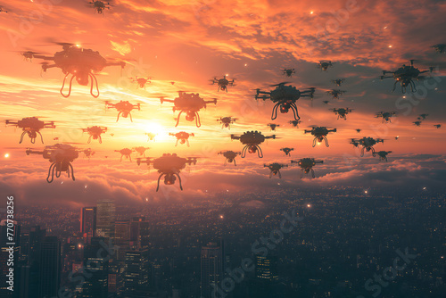 Swarm of drones over city at summer morning. Neural network generated image. Not based on any actual scene or pattern.