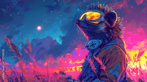 A hedgehog in neonlit baseball attire, batting in a strange, vibrant, dreamy field