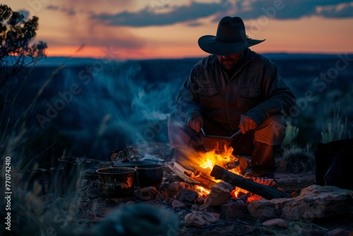 Cowboy cooking on a campfire during a tranquil sunset in the western wilderness