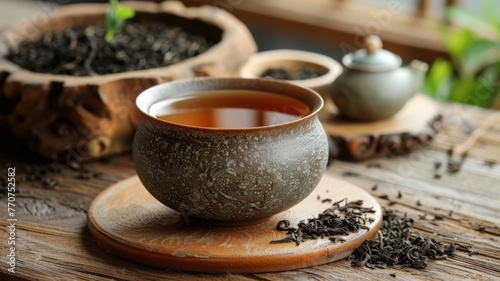 Tea leaves next to a cup of brewed tea, steeped in tradition