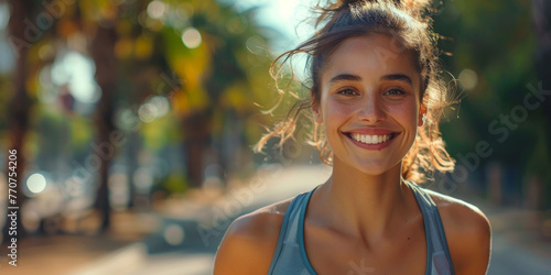 giovane donna che corre nella natura, jogging , primo pian di ragazza felice che corre con una tuta leggera e canotta, spazio per testo