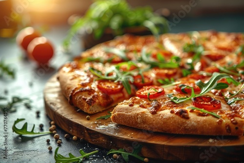 a slice of pizza is placed on a small modern wooden board on a clean kitchen table professional advertising food photography