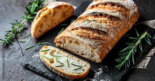 Ciabatta Bread Slices with Fresh Rosemary on Black Rustic Surface