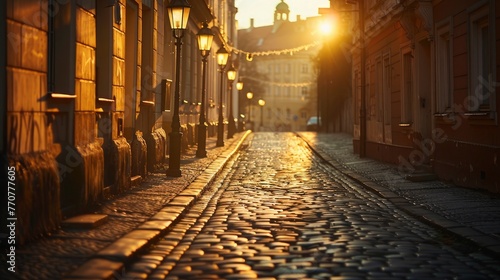 An atmospheric shot of an empty, cobblestone street at dawn, with vintage lamp posts casting long shadows