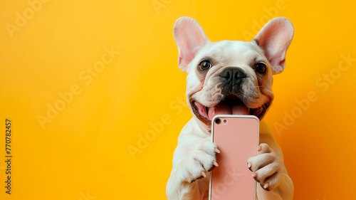 dog French Bulldog holding a cell phone with its paws on a plain yellow background simulating a studio photo