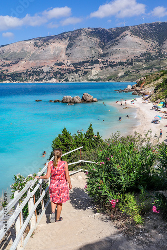 Beautiful view of Vouti beach, Kefalonia island, Greece. A beautiful, secluded beach with turquoise sea water