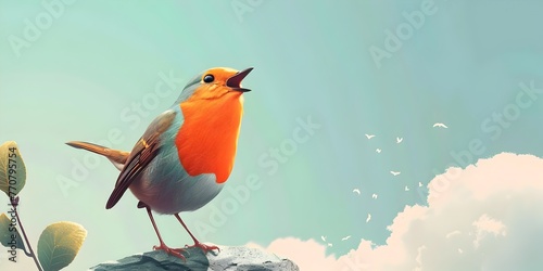 Vibrant Bird Character Singing Atop Scenic Mountain with Cloudy Sky in the Background