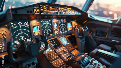 Airliner Cockpit View, Detailed view of an airplane's cockpit during flight with illuminated control panels and instruments