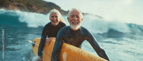 Adventurous Senior Couple Surfing Together