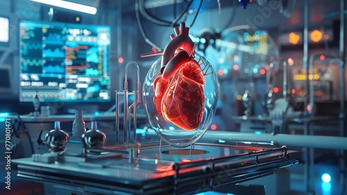 A futuristic depiction of organ transplantation with technology and medical equipment , 3D render, no contrast, clean sharp focus