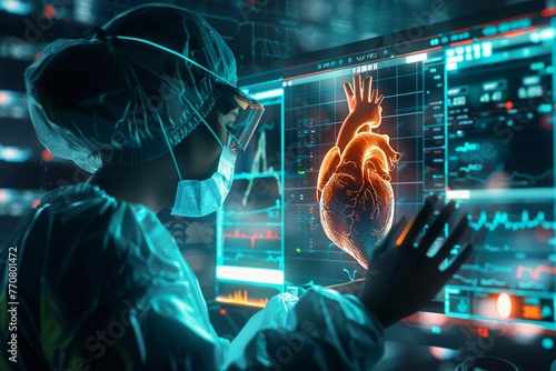A futuristic visualization of a cardiologist using advanced technology to monitor a patients heart activity , professional color grading, no contrast, clean sharp focus