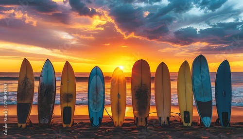 Spectacular sunset views, there are rows of surfboards decorating the beach