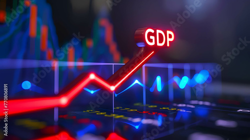 Word “GDP” and arrow up show financial growth, meaning is Gross Domestic Product