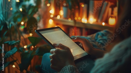 In the softly illuminated room, a cozy evening unfolded as digital pages turned in the warm glow