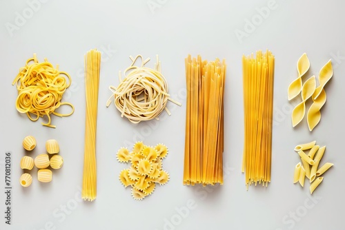 Italian dry pasta collection with spaghetti, penne, linguine and tagliatelle, food typography concept