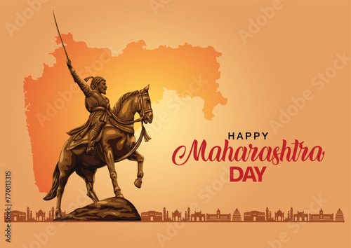 happy Maharashtra Day with Maharashtra map vector and Shivaji Maharaj. abstract vector illustration day