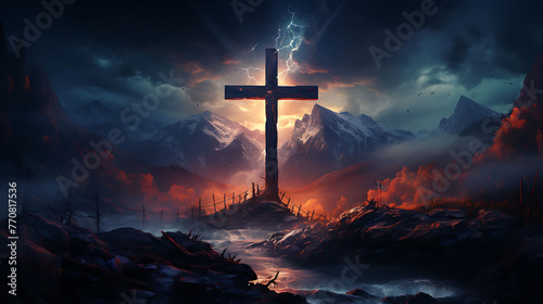 northen lights, dark orange, ultramarine bleu, with big mountains infront and black trees in the front, realistic, jesus cross on the mountain in light, trending on artstation, sharp focus