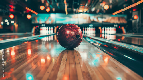Bowling ball rolling down the alley approaching the pins with dynamic lighting