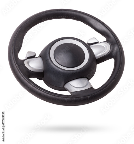 Steering wheel for car and truck isolated on white background. Automobile vehicle part or equipment. Round modern style consist of black leather and aluminum. For driver to driving control and tuning.