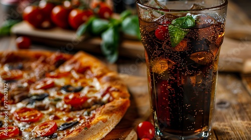 Glass of coke and pizza on the table