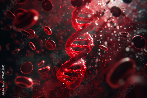 Red Blood Cells and DNA Helix. Detailed 3D illustration of red blood cells with a DNA helix.