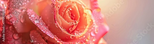 Dewcovered rose at dawn, closeup, vibrant colors, soft background low noise