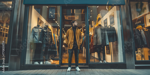Young man standing outside a fashion store, looking thoughtful.