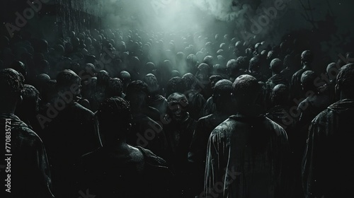 Ultra-Wide Background of a Dark Room Full of Zombies