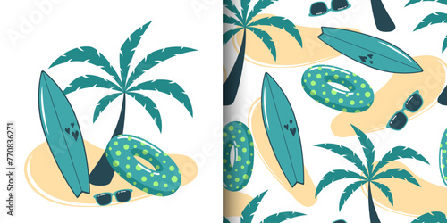 Vector summer composition and pattern with palm tree, swimming ring, surfboard and sunglasses