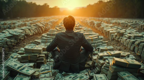 A billionaire sits atop a vast mound of banknotes, exuding wealth, prosperity, and undeniable allure.
