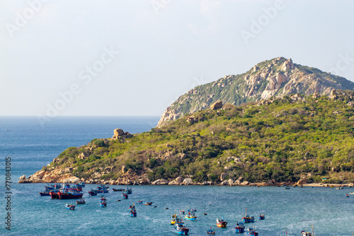 Beautiful Landscape Of Rock Mountain And Fishing Boats At Vinh Hy Bay In Ninh Thuan, Vietnam. Vinh Hy Bay Is Considered One Of The Four Legendary BaysIin Vietnam