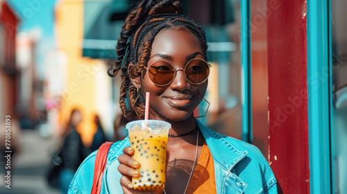 Modern Black Woman With Colorful Bubble Tea Walking In The Street