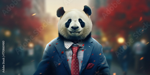 Elegant Panda Gentleman in Suit Amidst Autumn Leaves - Banner of Sophistication